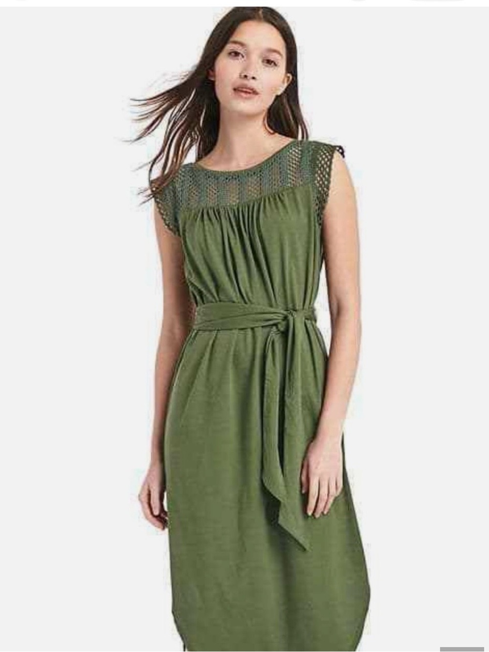 GAP Jungle Green Midi Dress with Crochet Yolk and Removable Waist Belt, L